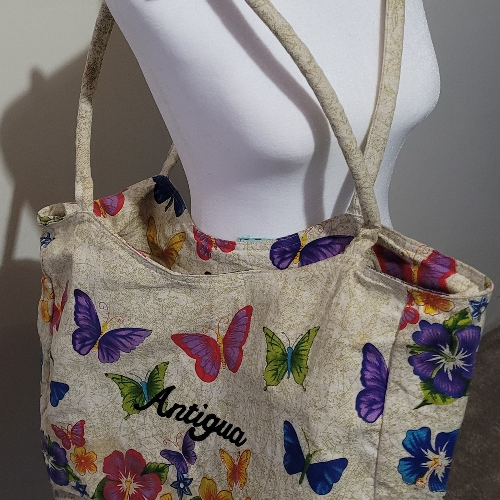 Antigua Butterfly & Hibiscus Floral Souvenir Tote Bag - Large